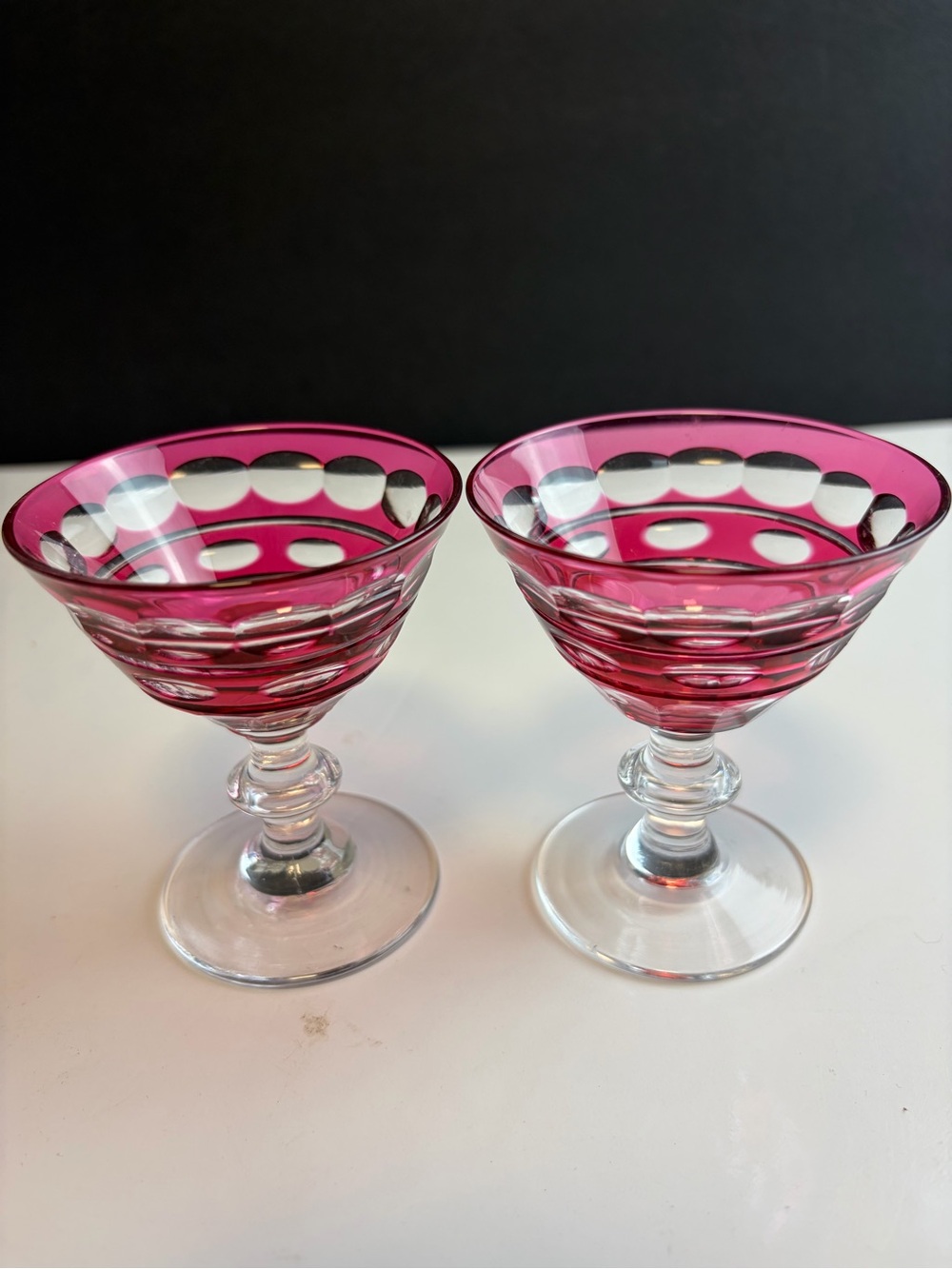 Set of 2 Val St Lambert Blarney Ruby Cut to Clear Cocktail Martini Glasses 3.5"